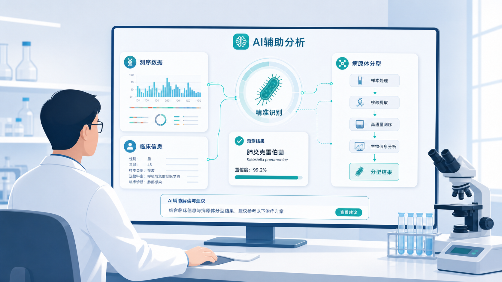 实验室场景中，医生在电脑前整合测序数据、临床信息和病原体分型流程图，画面强调AI辅助分析与精准识别。