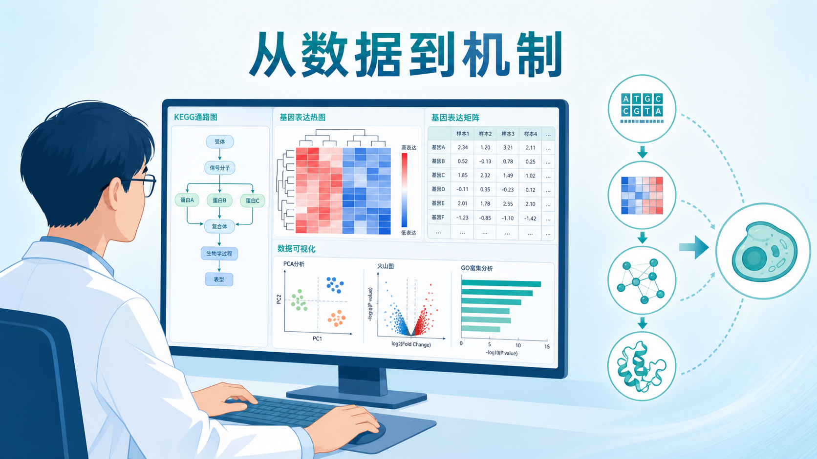 一位科研人员在电脑前处理基因表达数据,旁边显示KEGG通路图和标注后的颜色热图,突出“从数据到机制图”的流程