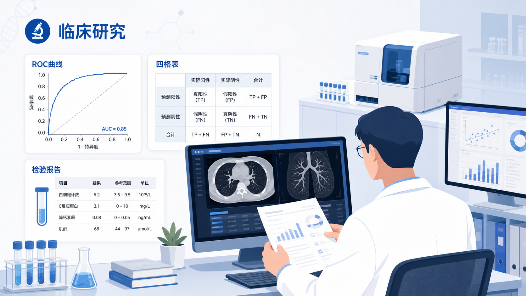 临床研究场景中,医生查看影像、检验报告和统计图表,背景包含四格表、ROC曲线和实验室检测设备,突出“诊断试验效能评价”的主题