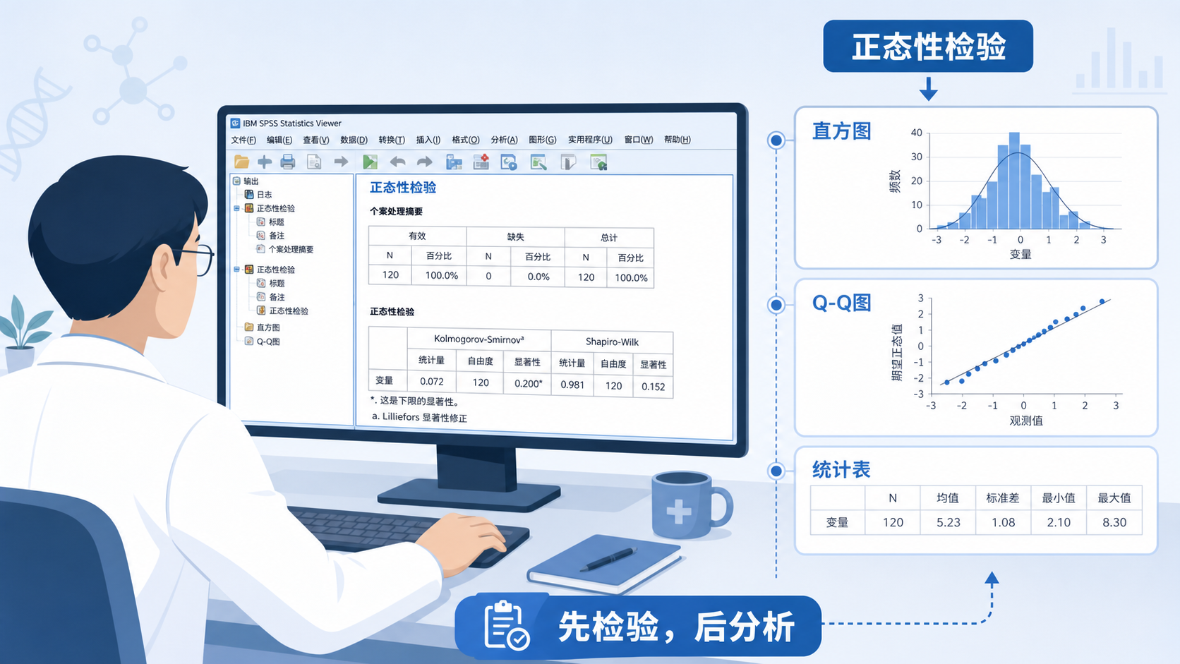 临床研究者在电脑前查看SPSS输出结果，旁边展示直方图、Q-Q图和统计表，强调“先做正态性检验再选统计方法”的流程
