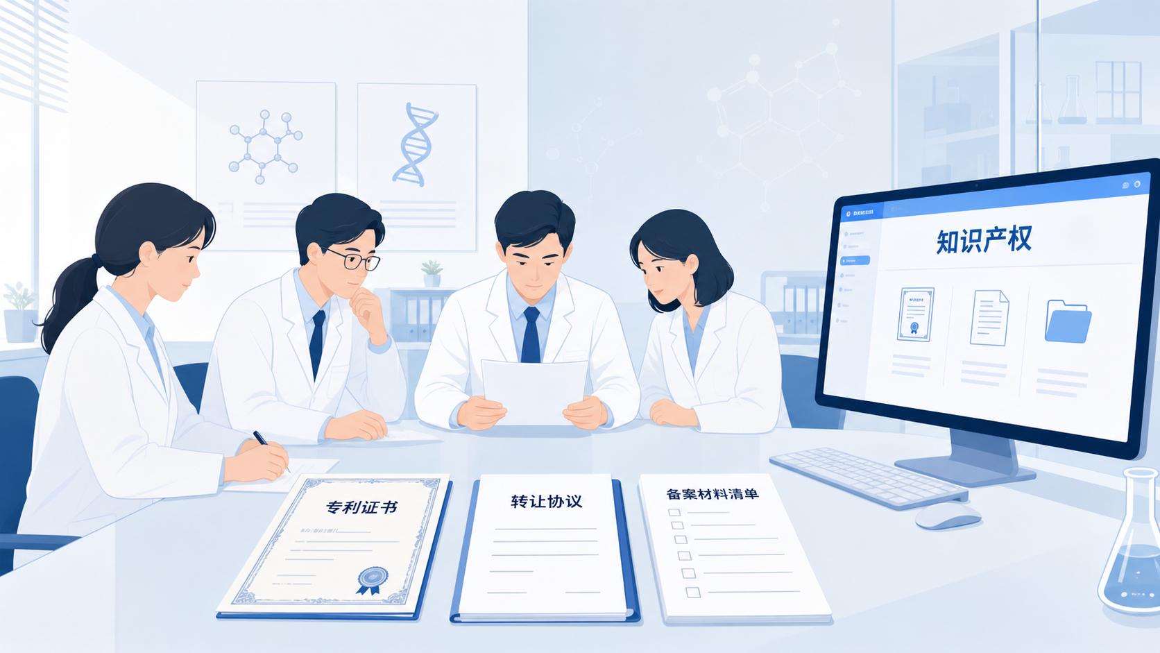医学科研团队在会议桌前核对专利文件，旁边有专利证书、转让协议、备案材料清单和电脑屏幕上的知识产权检索界面