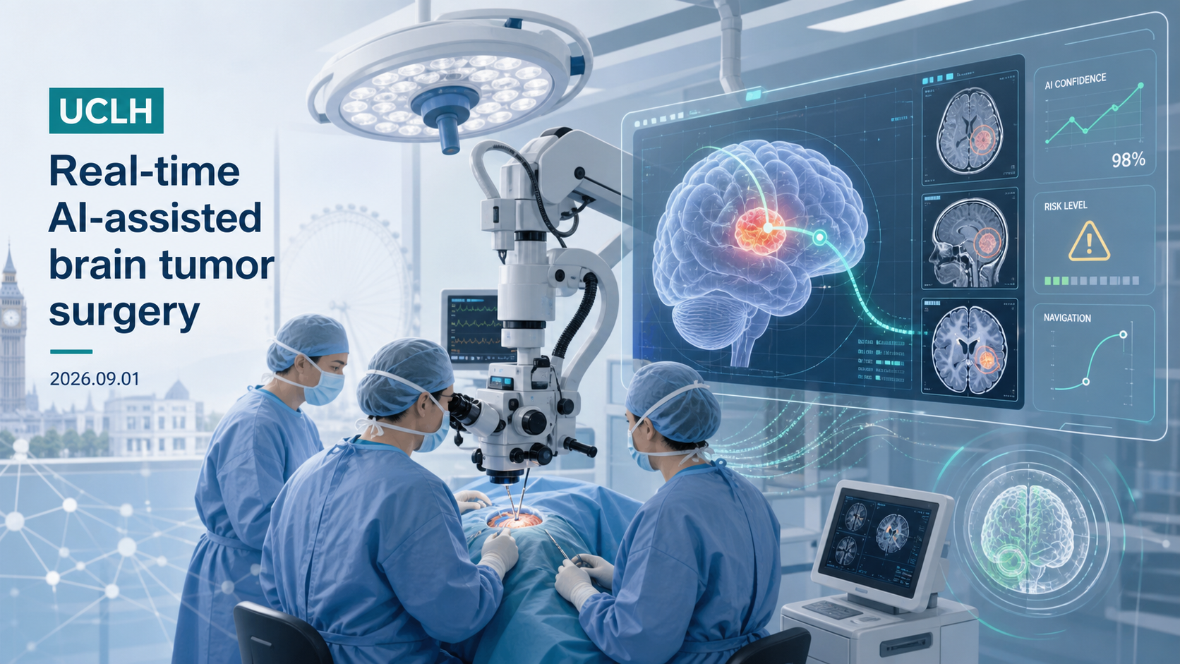 2026年9月1日资讯，伦敦大学学院医院（UCLH）完成全球首例实时 AI 辅助脑肿瘤切除手术。由伦敦大学学院（UCL）研发的 AI 系统在术中实时分析内窥镜视频流，追踪手术器械并标注关键血管与视神经，帮助神经外科医生在安全边界内尽可能完整地切除垂体瘤，患者术后视力恢复良好。该手术是英国国立健康与护理研究所（NIHR）与谷歌资助的临床试验首例，被视为 AI 从"术前规划"走向"术中实时辅助"的标志性一步。