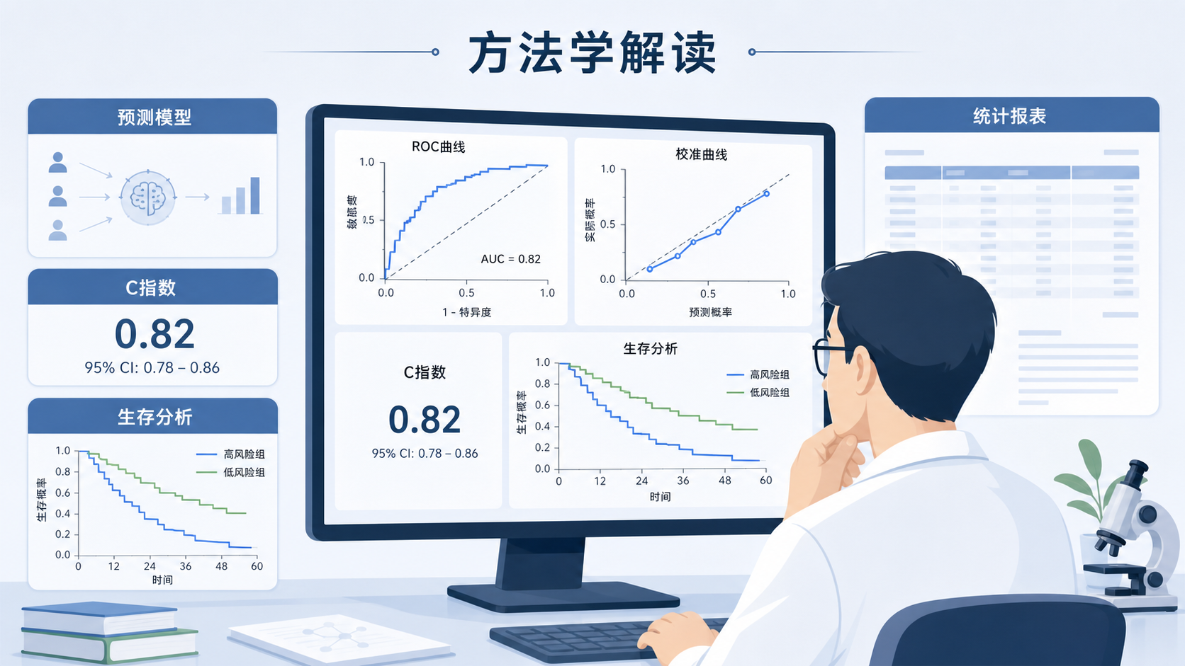 临床研究者在电脑前查看预测模型曲线与C指数结果图，旁边有生存分析和统计报表元素，突出“方法学解读”主题