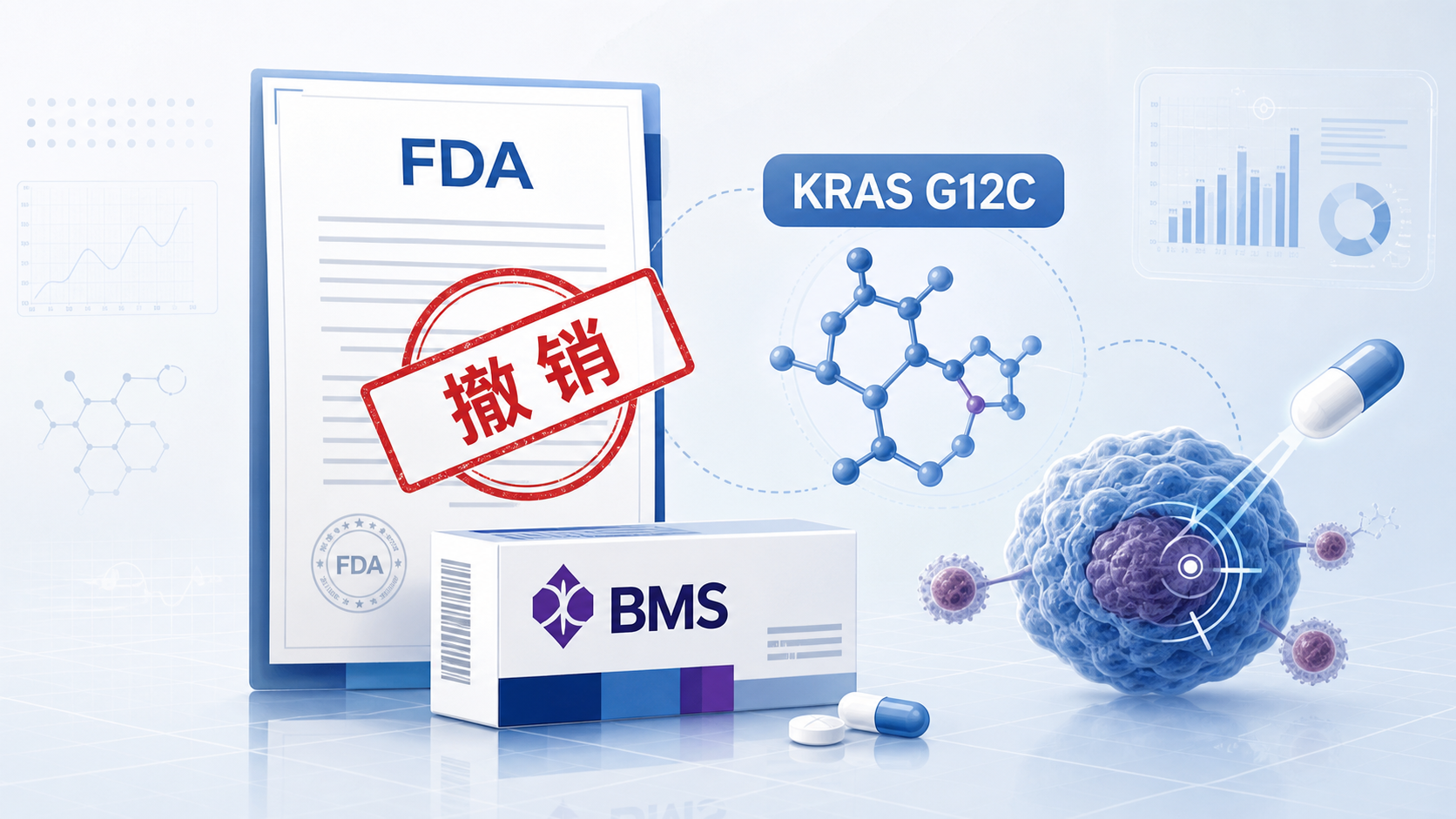 2026年9月7日资讯,美国 FDA 正式撤销了百时美施贵宝(BMS)旗下 KRAS G12C 抑制剂 Krazati(通用名 adagrasib,阿达格拉西布)联合西妥昔单抗治疗 KRAS G12C 突变转移性结直肠癌的加速批准。该适应症曾于 2024 年 6 月基于 I/II 期 KRYSTAL-1 的缓解率数据获加速批准,但随后的确认性 III 期 KRYSTAL-10 试验(461 例)未达到无进展生存期(PFS)与总生存期(OS)两项主要终点:尽管客观缓解率高达 47%(对比化疗 16%),却未能转化为生存获益。这是肿瘤药物「加速批准」机制下,高缓解率未能兑现临床获益的一个典型样本。