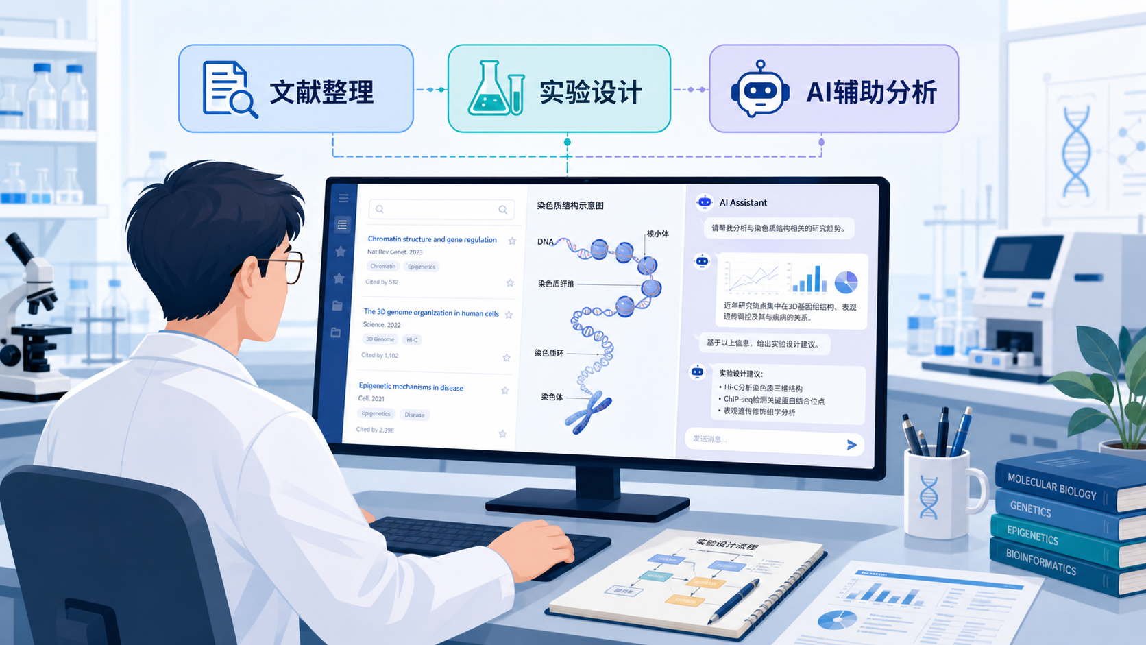 一位科研人员在电脑前同时查看文献、染色质结构示意图和AI对话界面,画面强调“文献整理+实验设计+数据分析”的科研工作流。