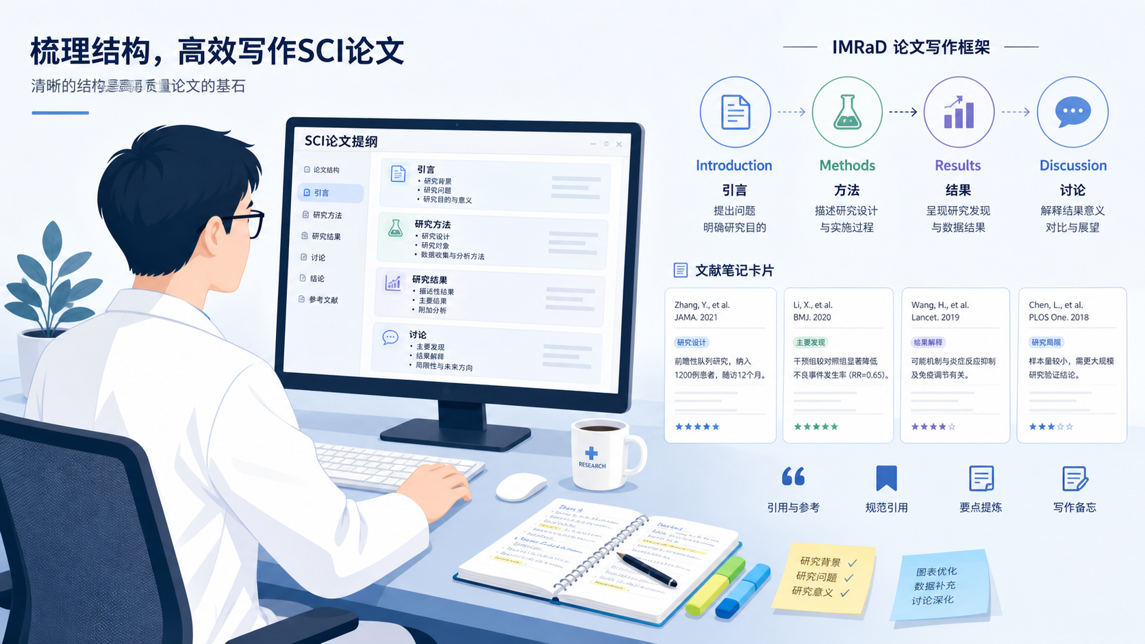 一位研究者对着电脑屏幕梳理SCI论文结构,旁边有IMRaD框架示意图和文献笔记,画面专业简洁。