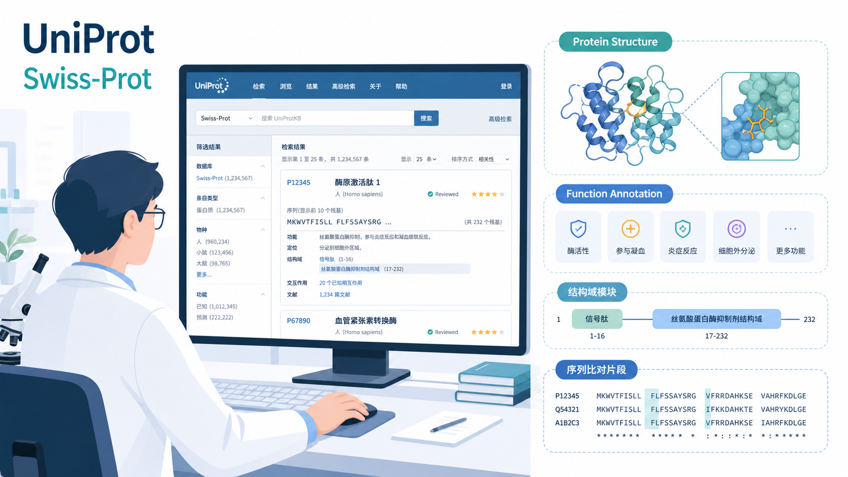 科研人员在电脑前检索 UniProt/Swiss-Prot 数据库界面，旁边展示蛋白结构、功能注释和文献引用信息的分屏示意图