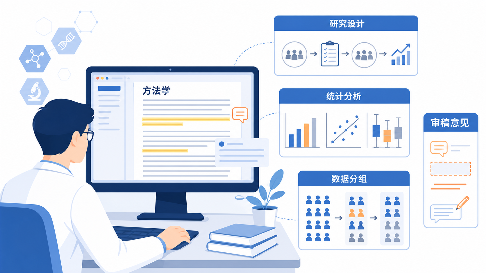 一位研究者在电脑前审阅论文方法学部分，旁边有研究设计流程图、统计分析图和审稿意见标记，整体风格专业、冷静、学术化。
