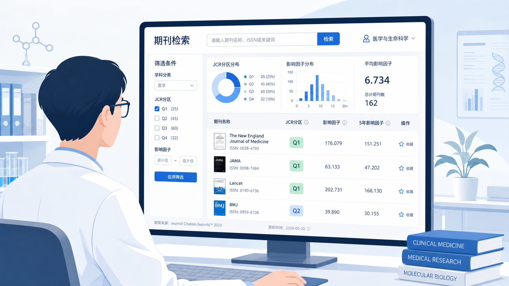 科研人员在电脑前打开期刊数据库页面,屏幕展示JCR分区、影响因子和期刊检索结果的界面。