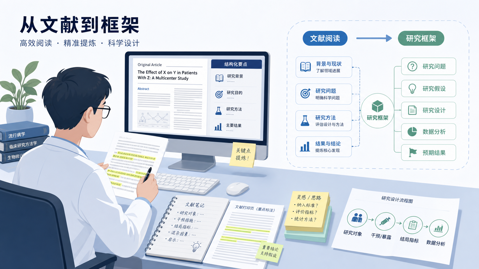 医学生在电脑前阅读论文,旁边有研究设计流程图、文献笔记和高亮标注,突出“从文献到框架”的转化过程