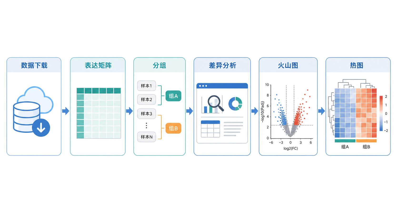 一张生信分析流程图,包含数据下载、表达矩阵、分组、差异分析、火山图和热图,整体风格专业简洁。