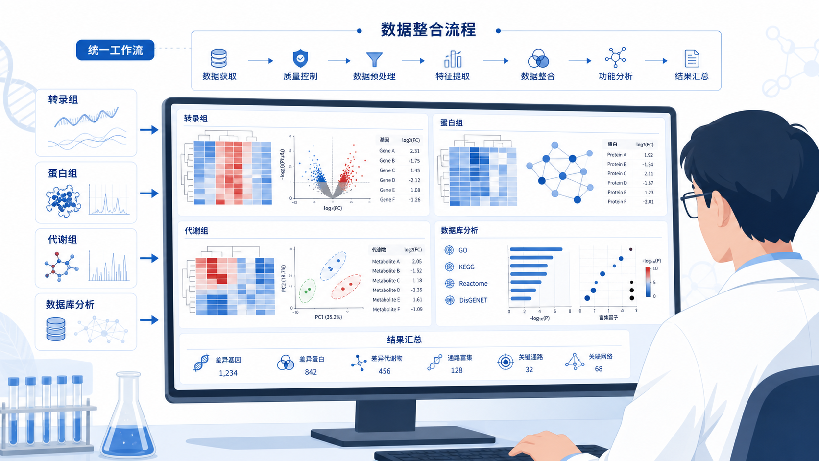 科研人员在电脑前同时查看转录组、蛋白组、代谢组和数据库分析结果,界面中有统一工作流和数据整合流程图,突出多组学协调场景。
