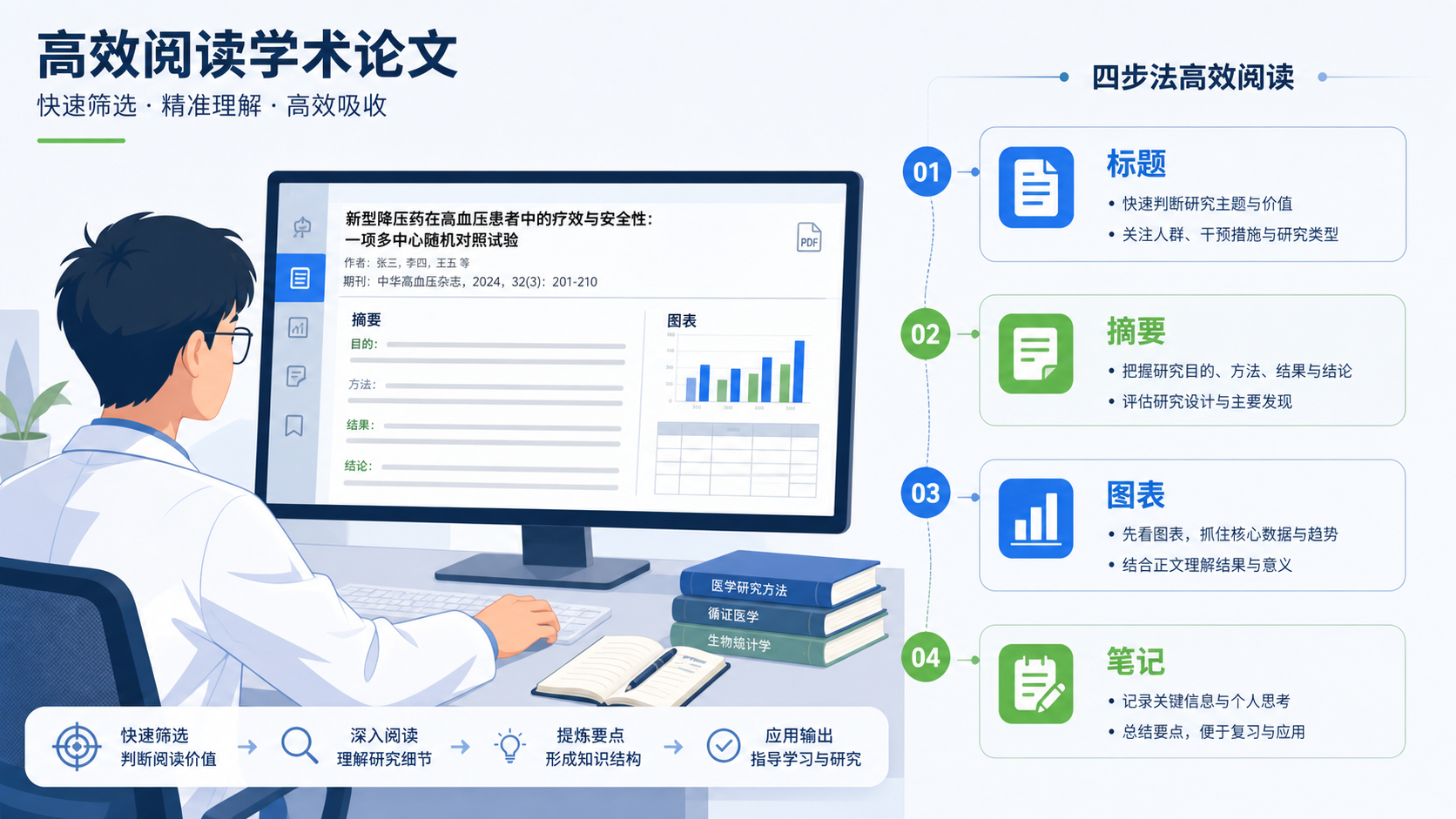 医学生在电脑前阅读论文,旁边有标题、摘要、图表和笔记分区的示意图,突出高效阅读流程