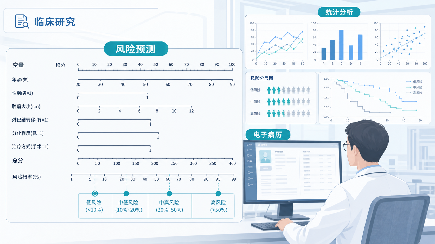 一张临床研究场景图,前景为列线图示意,背景为医生查看电子病历和统计图表,突出“风险预测”和“临床决策”主题。