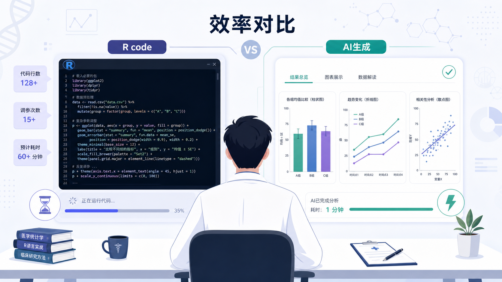 一位医学生在电脑前对比左侧R语言代码作图、右侧AI自动生成统计图的界面,突出效率差异