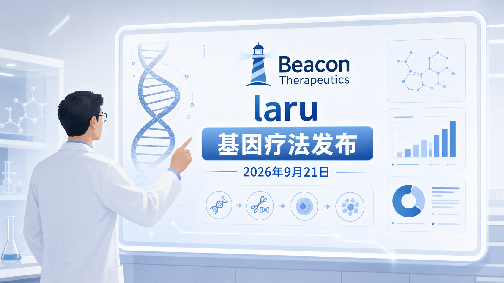 2026 年 9 月 21 日，Beacon Therapeutics 公布其基因疗法 laru-zova（laruparetigene zovaparvovec）治疗 X 连锁视网膜色素变性（XLRP）的关键性 VISTA 试验阳性顶线结果：治疗后 12 个月，高剂量组 31.0%、低剂量组 24.1% 的患者暗光视力（低亮度视敏度）改善≥15 个字母，而未经治疗的对照组为 0，均达统计学显著。这是 XLRP 领域首个达到主要终点的关键性试验，公司计划年内启动向 FDA 的滚动 BLA 提交。