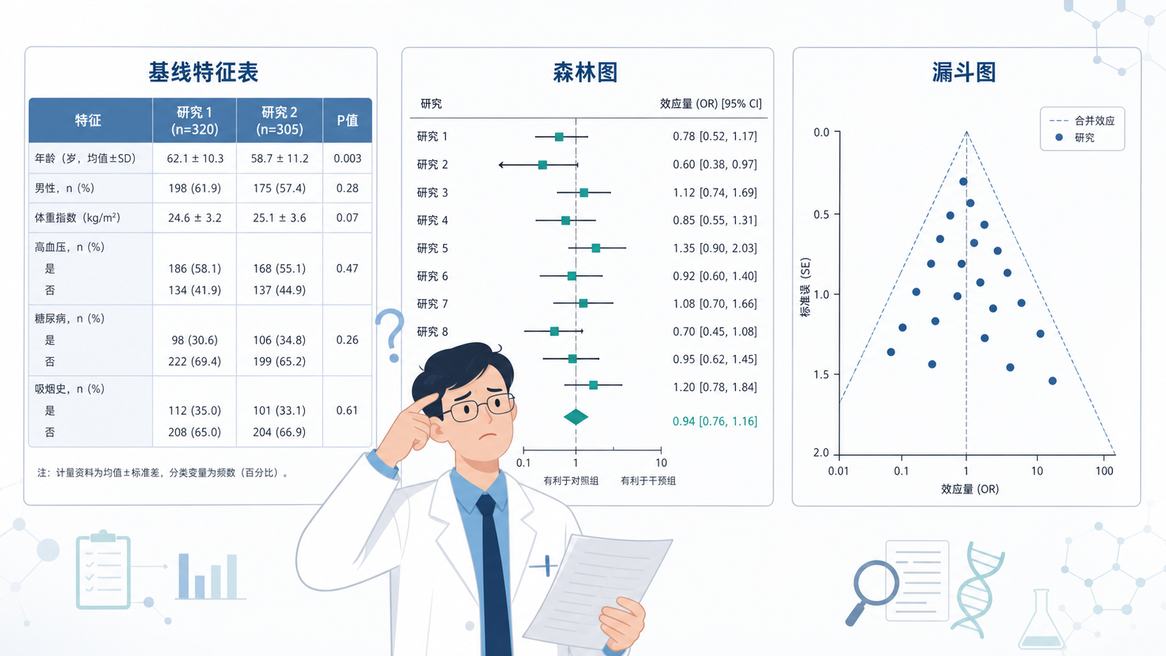 Meta分析论文中的基线特征表、森林图和漏斗图并排展示,突出研究者在比较组间基线时的困惑场景