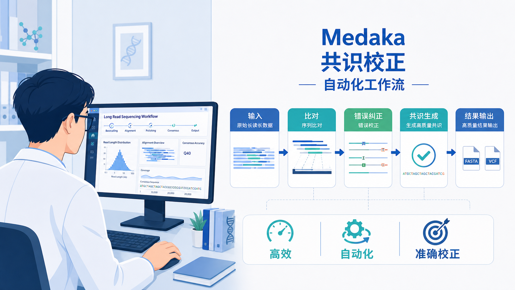 科研人员在电脑前查看长读长测序流程界面,旁边展示Medaka共识校正与自动化工作流示意图,突出效率与标准化