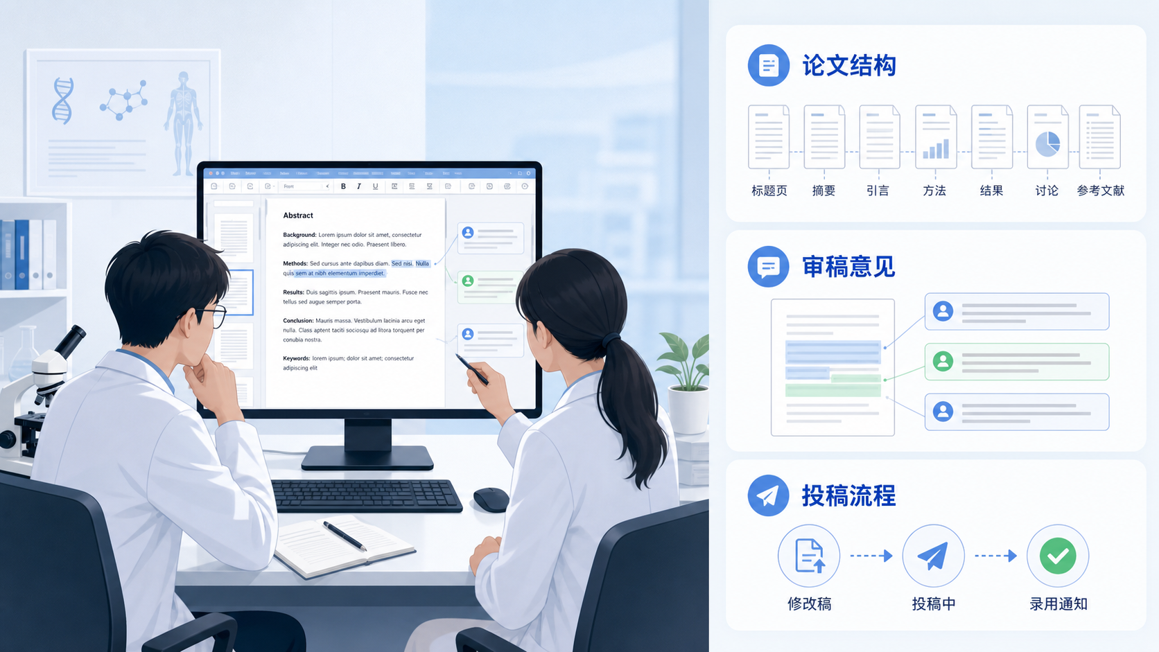 医学生和科研人员在电脑前修改SCI论文，旁边显示论文结构框架、审稿意见和投稿流程的示意图