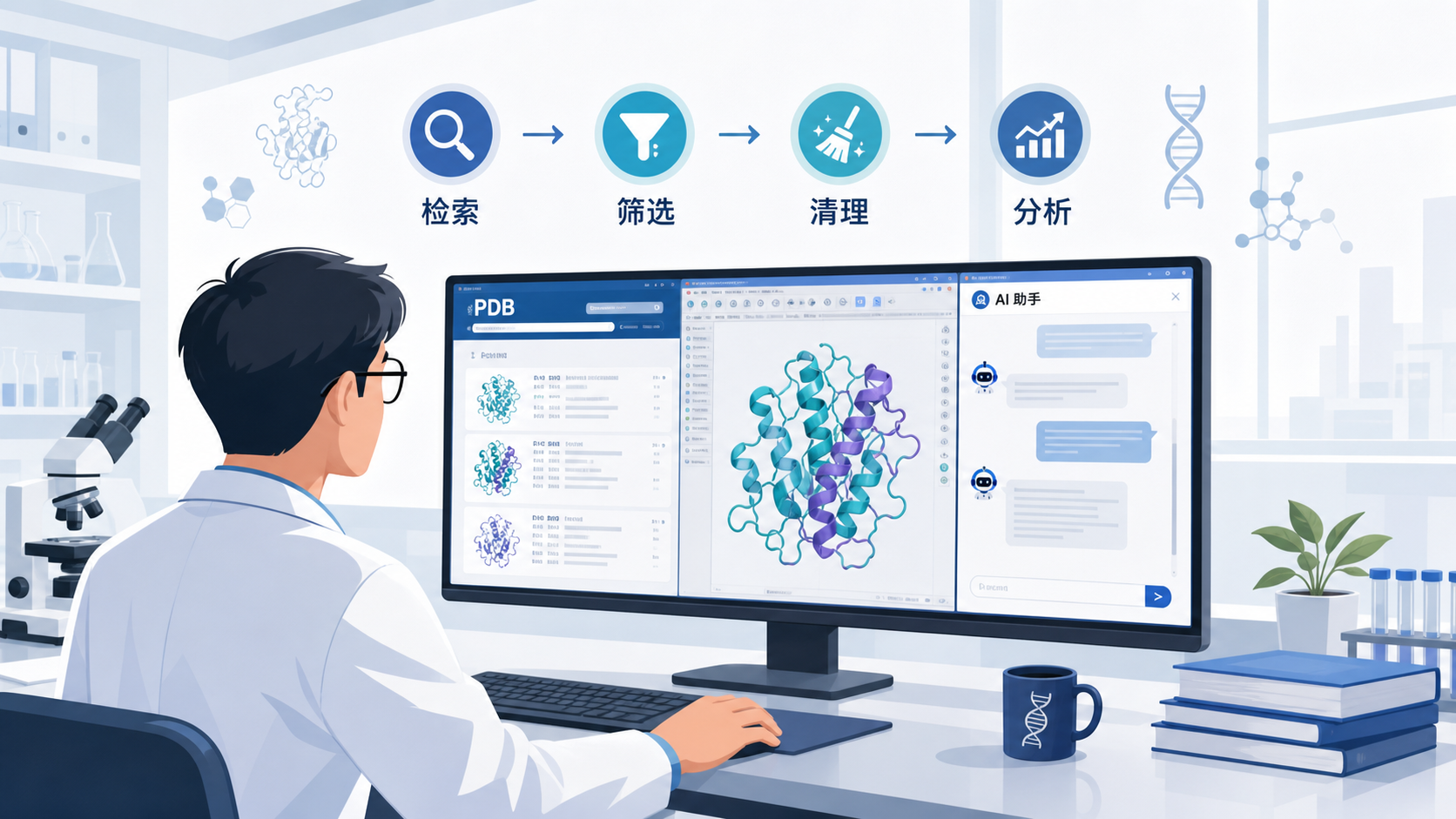 科研人员在电脑前同时打开PDB数据库、分子结构可视化软件和AI助手界面，画面突出“检索、筛选、清理、导出”四个步骤