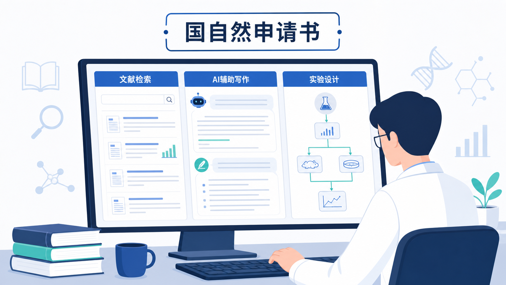 科研人员在电脑前整理国自然申请书,旁边显示文献检索界面、AI辅助写作界面和实验设计流程图,整体风格专业简洁