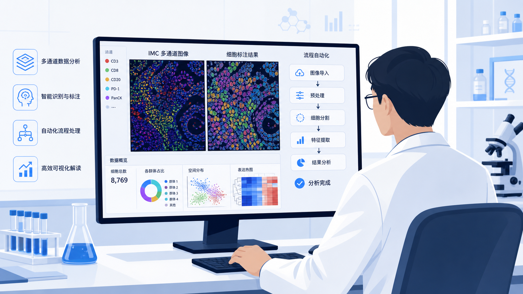 科研人员在电脑前同时查看IMC图像、细胞标注和流程自动化界面，画面体现数据分析与科研自动化。