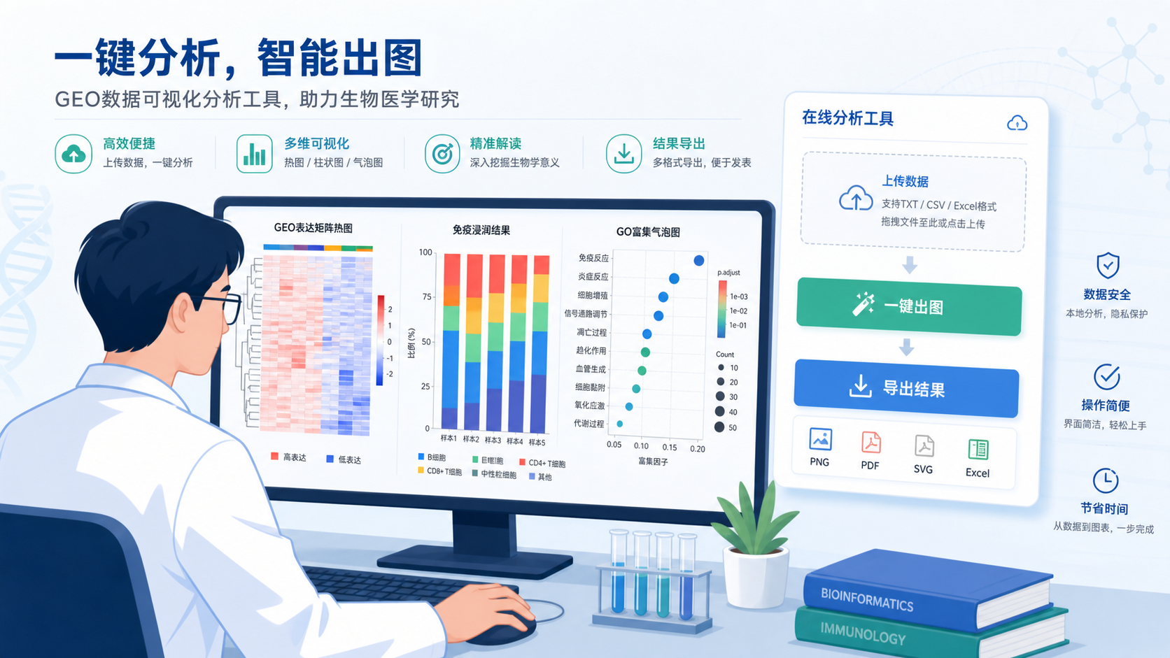 科研人员在电脑前处理GEO表达矩阵、免疫浸润结果和GO气泡图，旁边展示在线工具一键出图界面