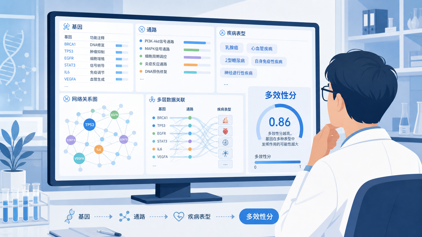 一位科研人员在电脑前查看多组学分析界面，屏幕上显示基因、通路、疾病表型和网络关系图，强调多效性分析的复杂性与WorkBuddy自动化支持。