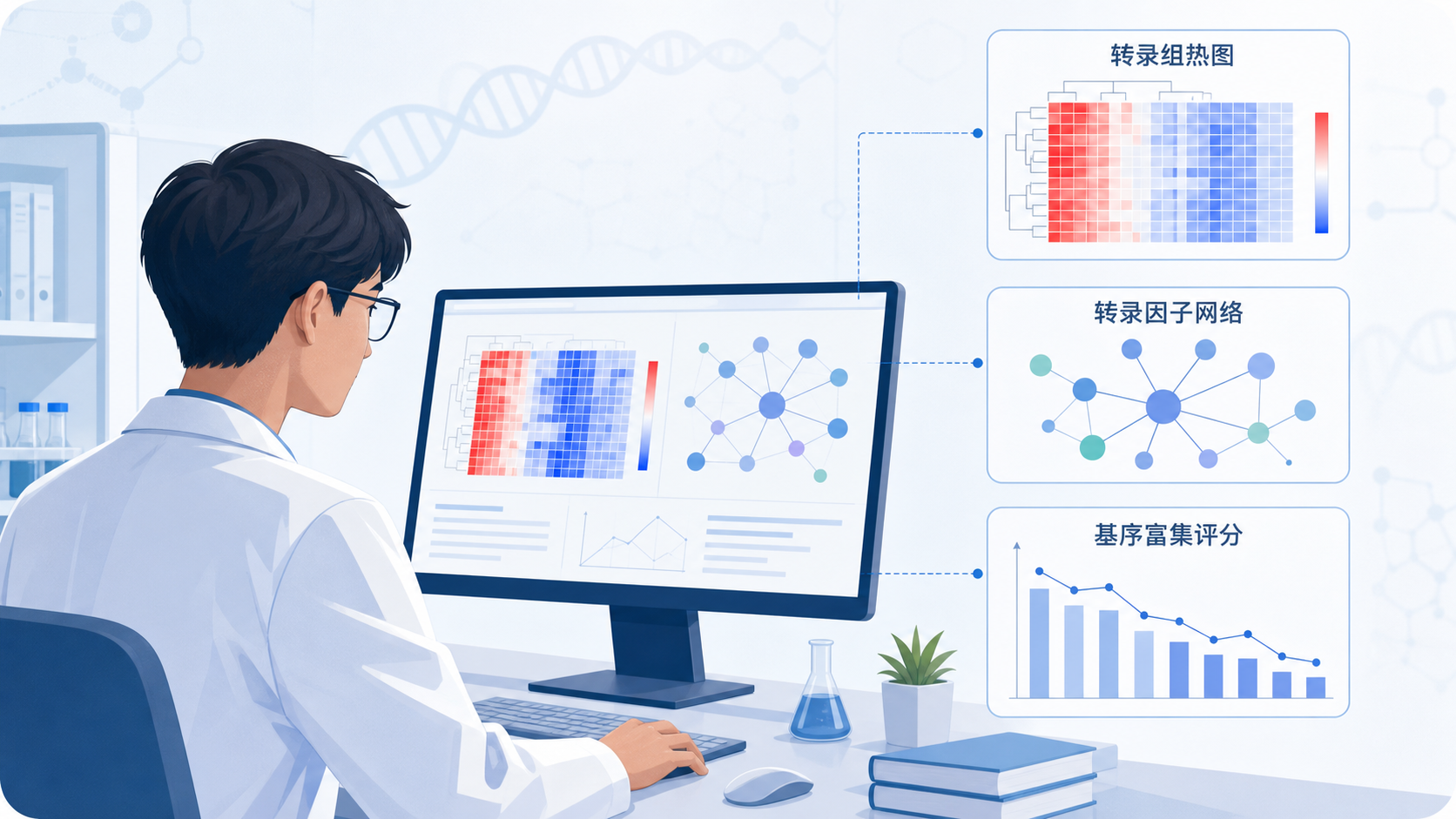 科研人员在电脑前查看转录组热图、转录因子网络和基序富集评分结果的组合示意图