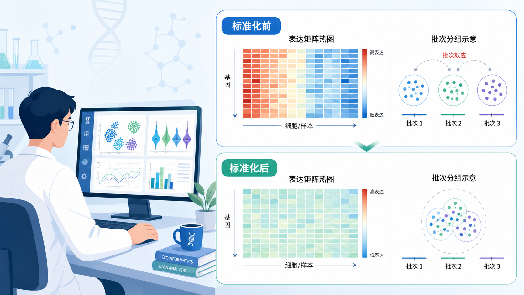 实验室数据分析场景，右侧显示表达矩阵热图和批次分组示意，突出“标准化前后对比”