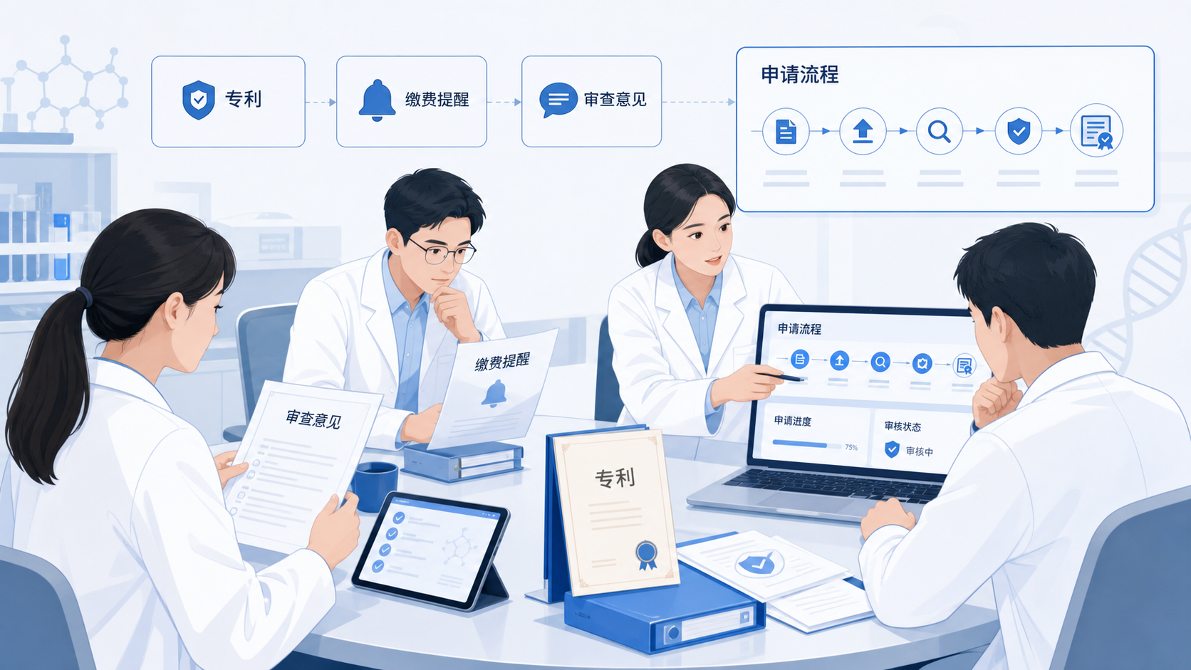 医药科研人员在会议桌前查看专利文件、缴费提醒和审查意见的场景,画面包含专利证书、电脑屏幕和流程图,突出“维护合规”主题。