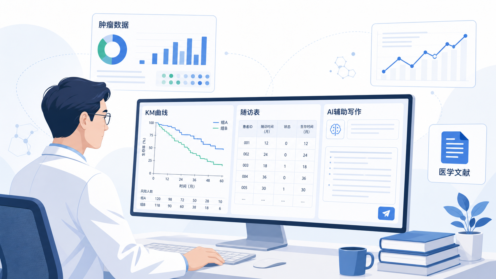 一位临床医生在电脑前查看KM曲线、随访表和AI辅助写作界面，旁边有肿瘤研究数据图表。