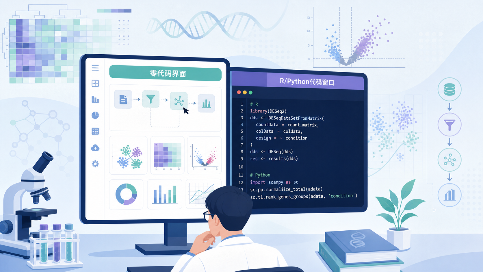 一位科研人员在电脑前对比“零代码界面”和“R/Python代码窗口”,背景显示基因表达矩阵、火山图、热图和AI助手界面。
