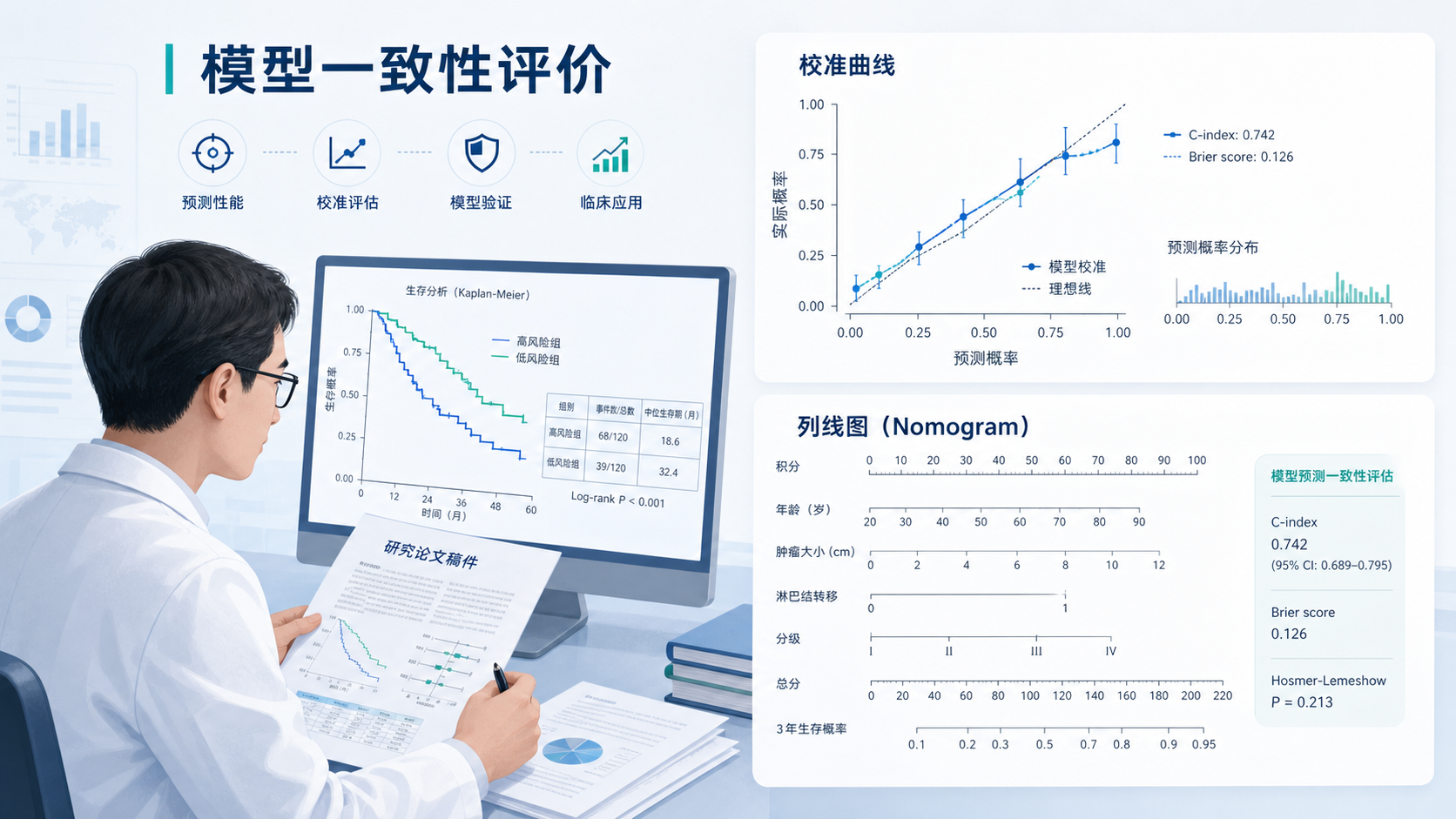 一张科研论文审稿场景图，旁边叠加生存分析校准曲线和列线图元素，突出“模型一致性评价”的主题