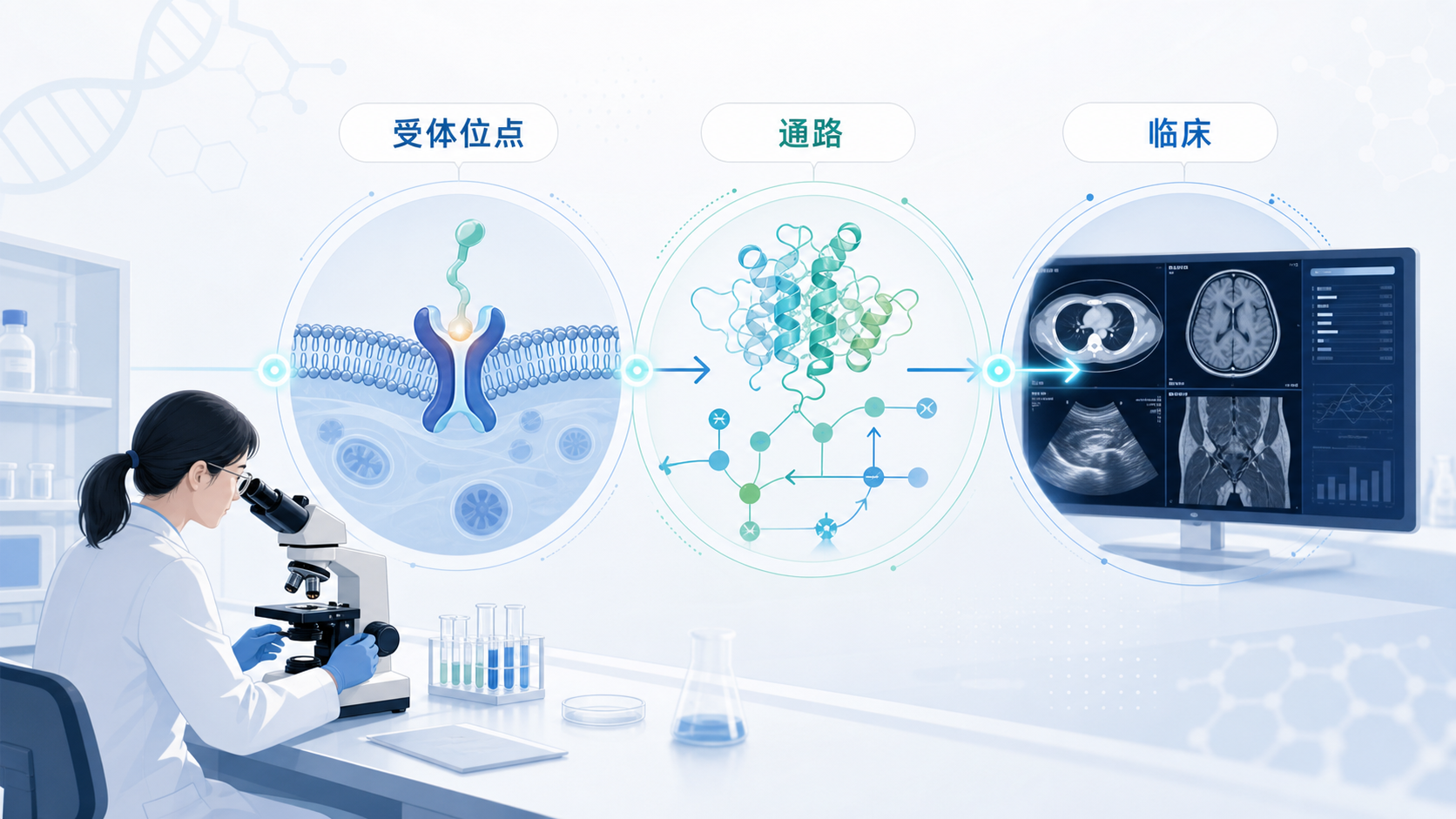 科研人员在显微镜、蛋白结构模型和临床影像之间做机制转化分析的示意图,突出“受体位点-通路-临床”的研究链条。