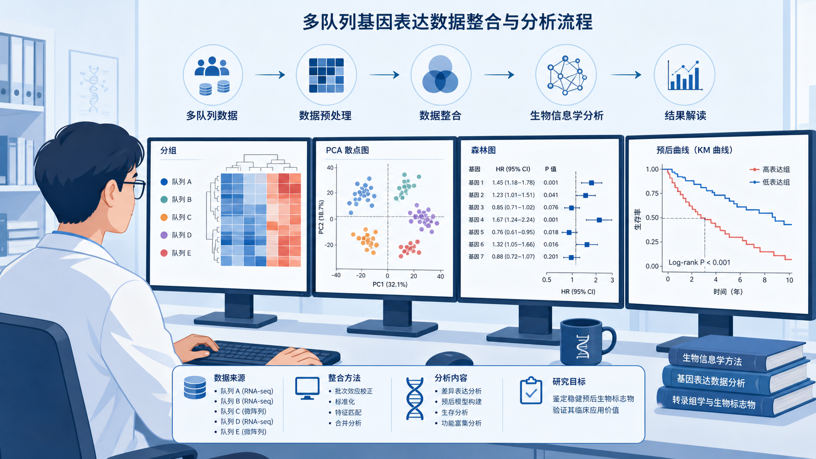 科研人员在电脑前整合多队列基因表达数据,屏幕展示分组、PCA、森林图和预后曲线