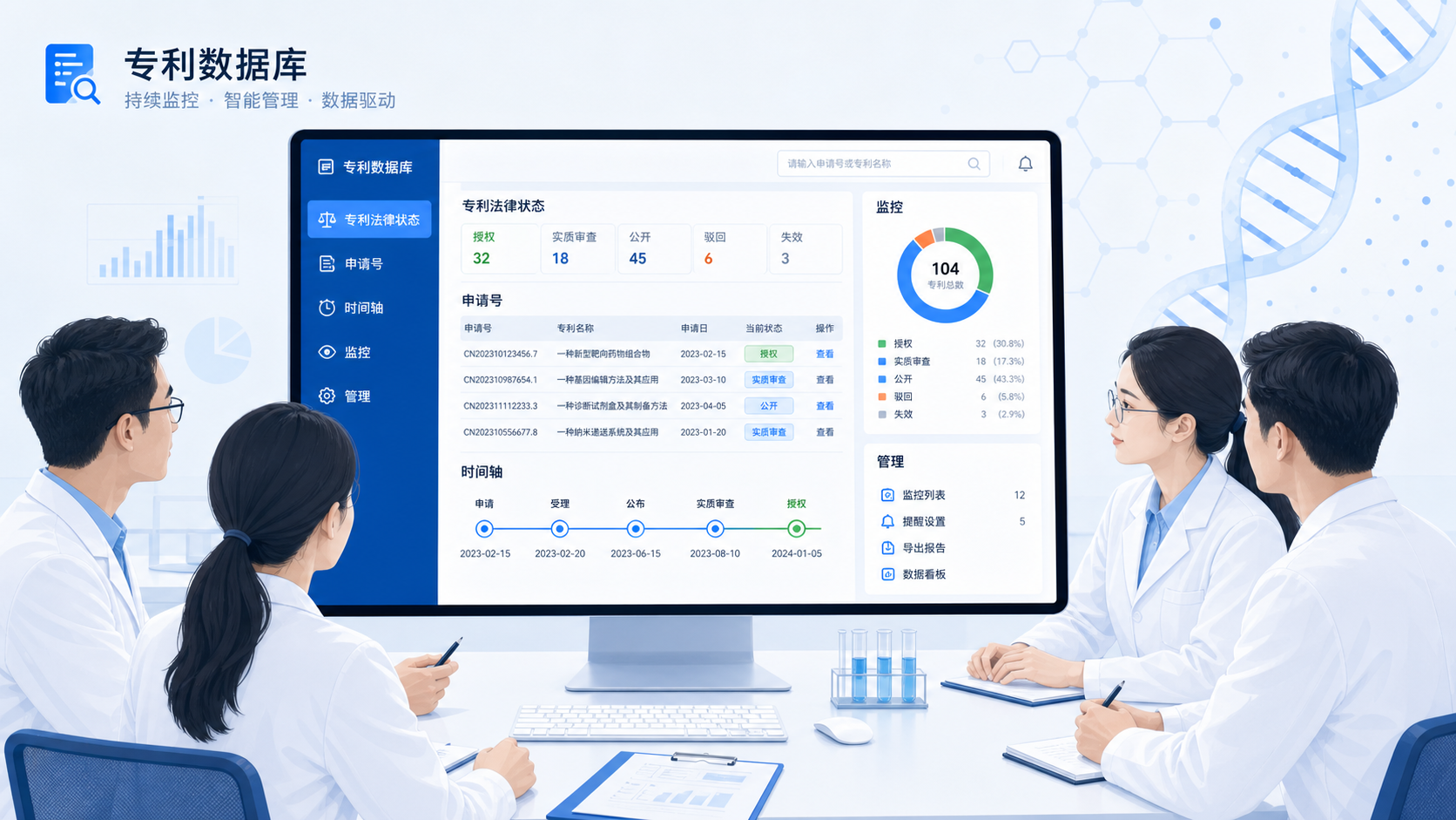 医学科研团队在电脑前查看专利数据库,屏幕上显示专利法律状态、申请号和时间轴,体现“监控”和“管理”场景