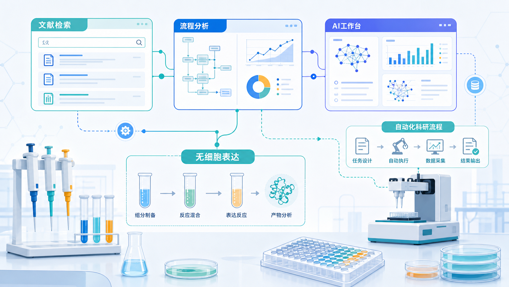 实验台上的无细胞表达体系示意图,叠加文献检索、流程分析和AI工作台界面元素,突出科研自动化场景。