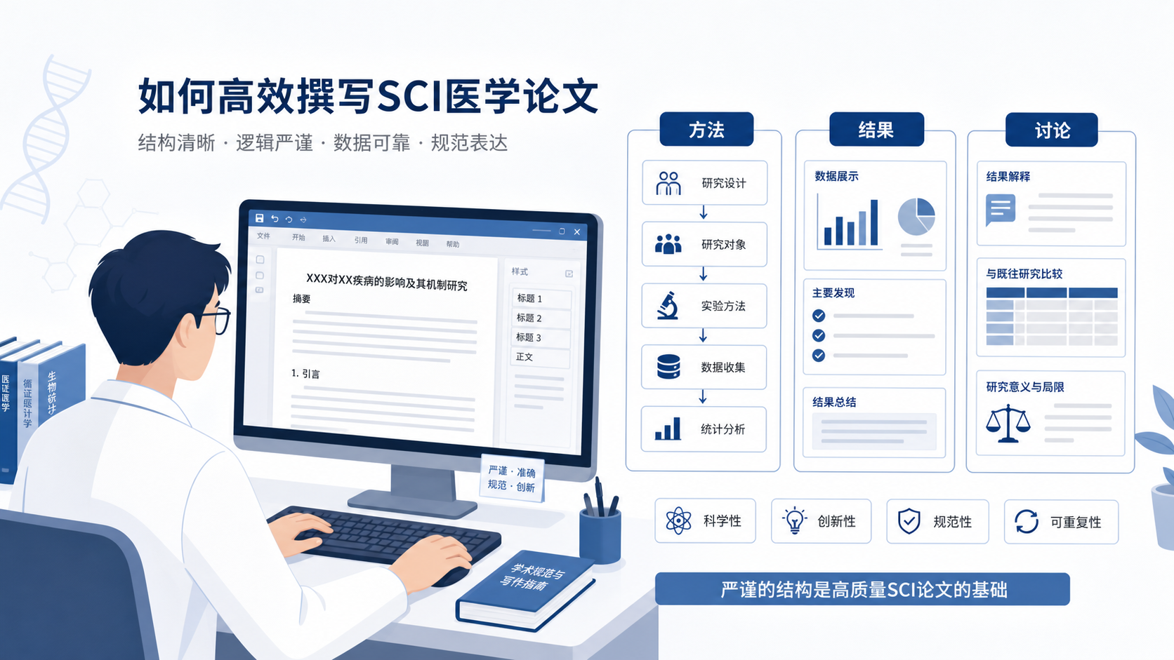 一位医学生在电脑前修改SCI论文，旁边显示方法、结果、讨论三个结构框架图，突出医学论文写作的专业性与逻辑性