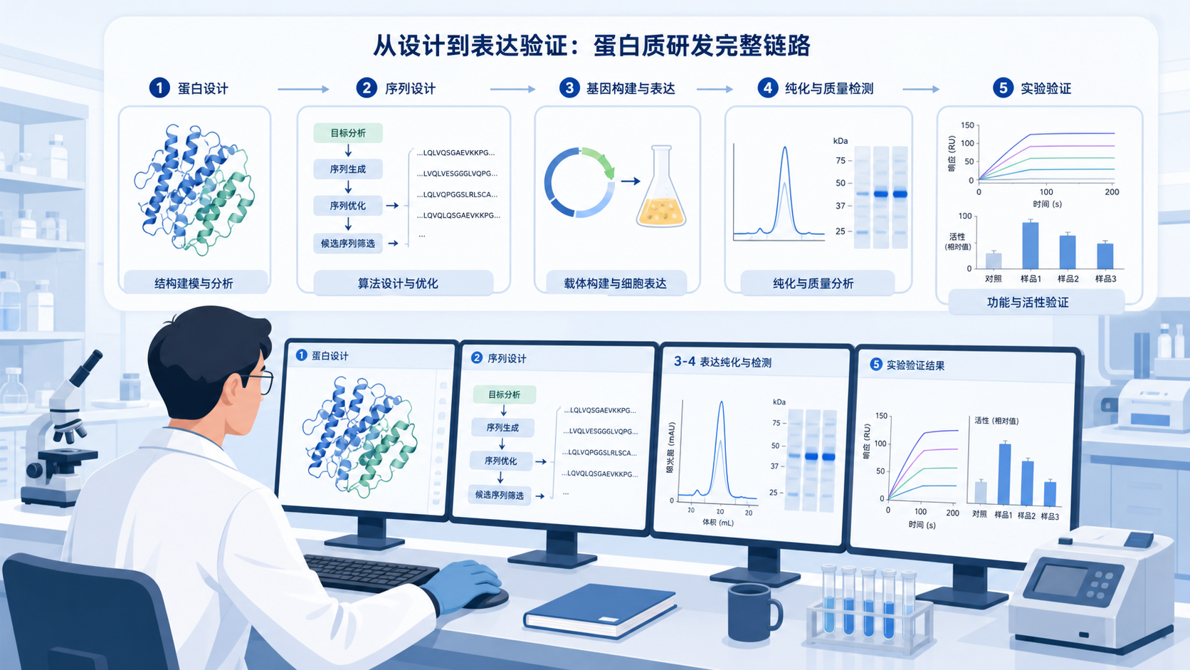 科研人员在电脑前查看蛋白结构模型、序列设计流程图和实验验证结果,突出“设计到表达验证”的完整链路