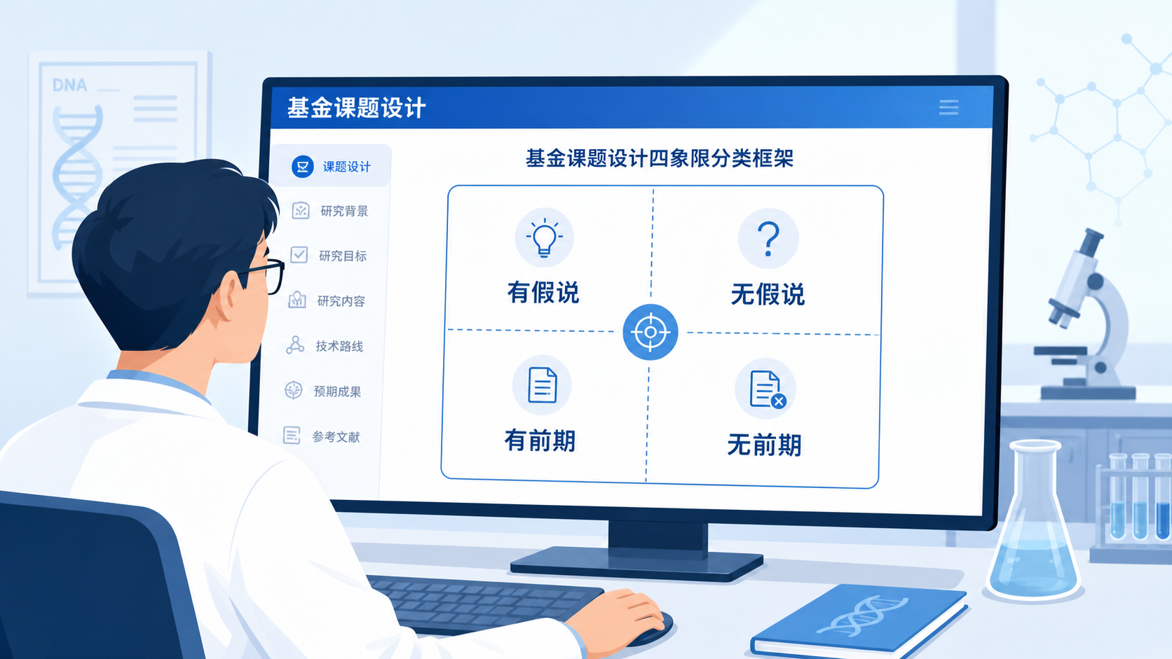 科研人员在电脑前查看基金课题设计界面，屏幕上显示“有假说/无假说”“有前期/无前期”四象限框架图，桌面有论文、笔记和实验数据。