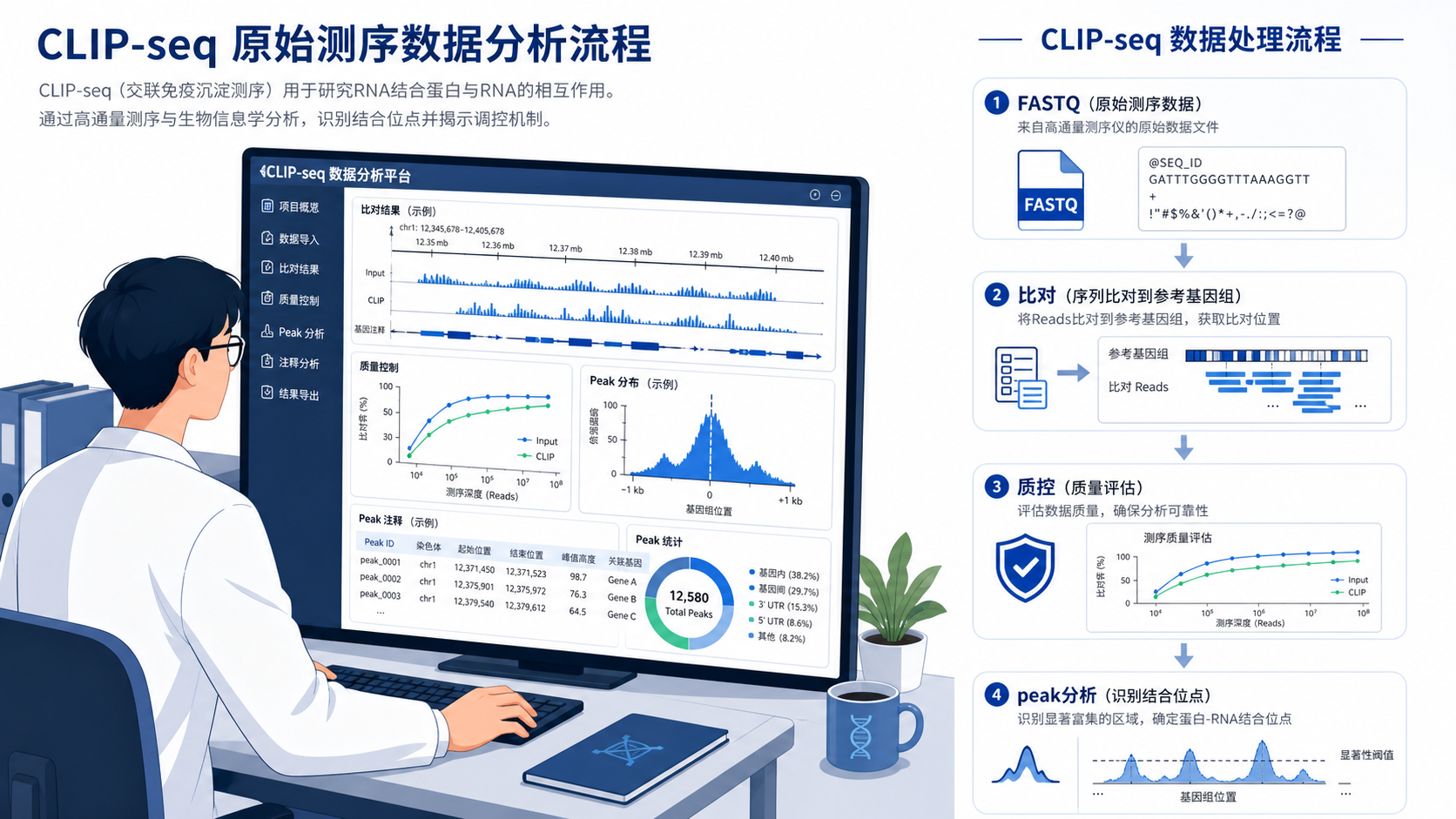 实验人员在电脑前处理CLIP-seq原始测序数据,旁边展示FASTQ、比对、质控和peak分析流程图,突出流程复杂与工具整合需求。