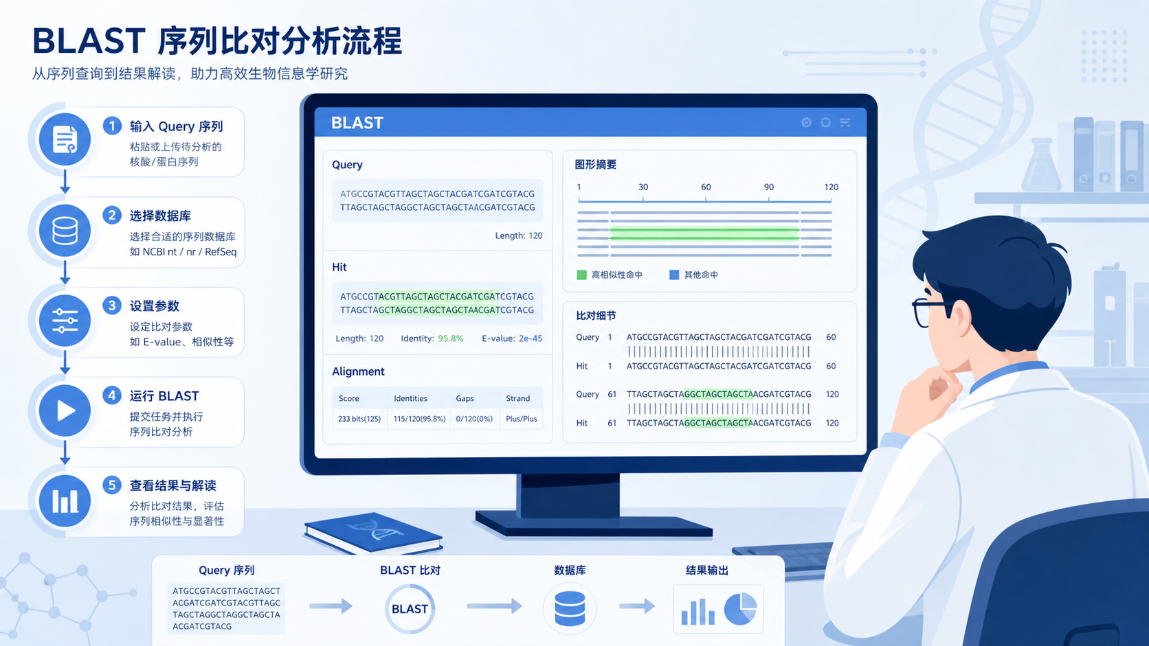 科研人员在电脑前进行序列比对分析，屏幕上显示BLAST结果、命中片段和工作流界面，整体风格专业、简洁、科技感强