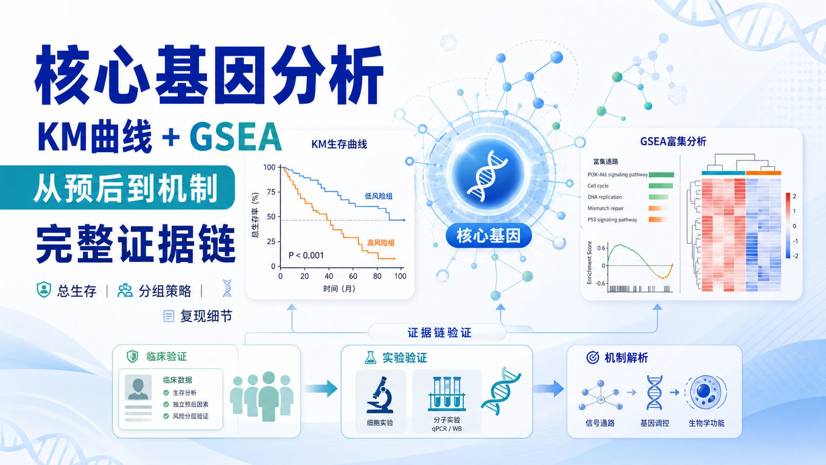 核心基因总生存KM曲线与GSEA聚类解析