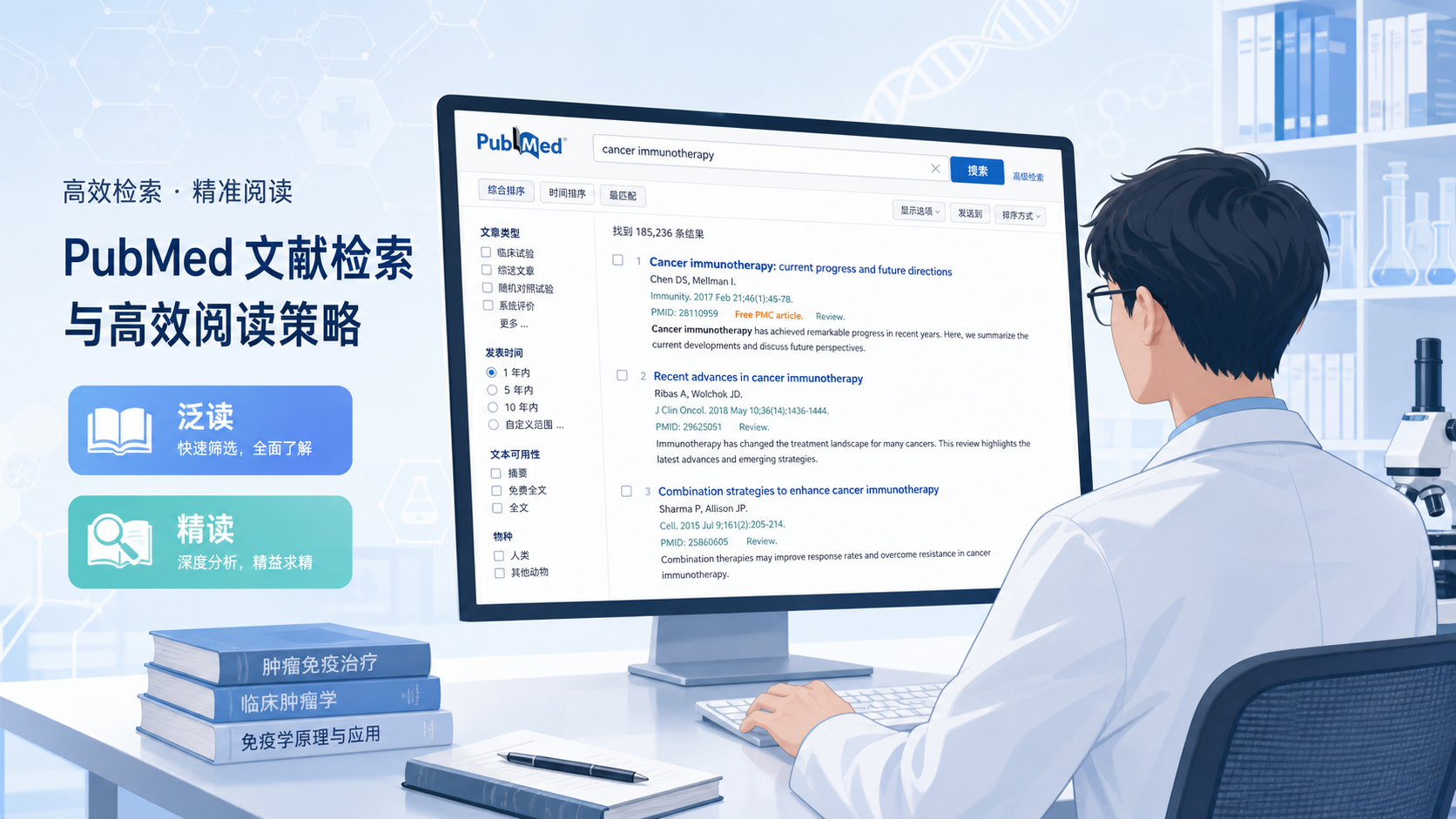 医学生在电脑前检索文献，屏幕显示大量PubMed结果列表，旁边有“泛读”“精读”两个分类标签