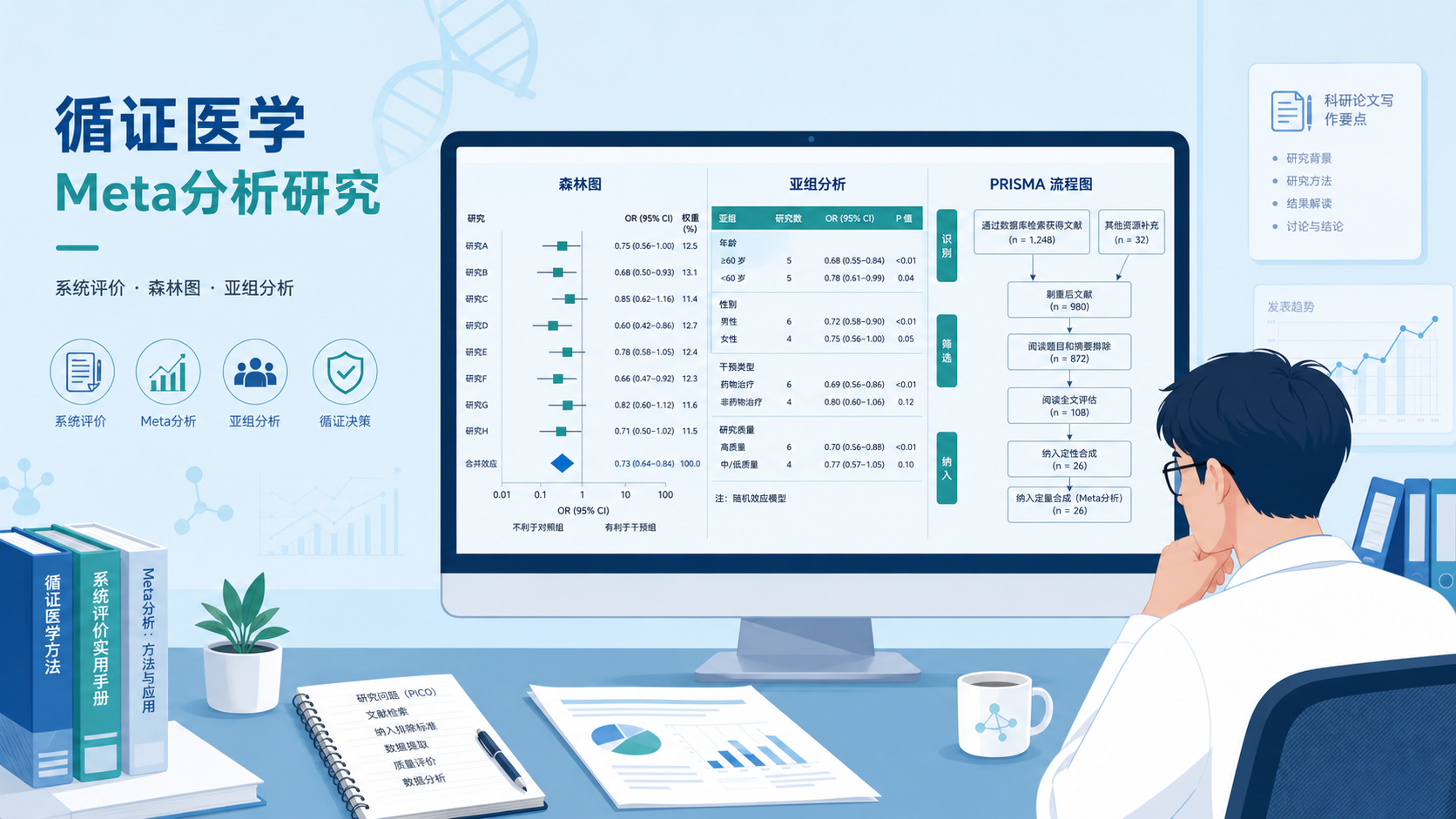 一位研究者在电脑前查看森林图、亚组分析表格和PRISMA流程图,背景为生物医学论文写作场景
