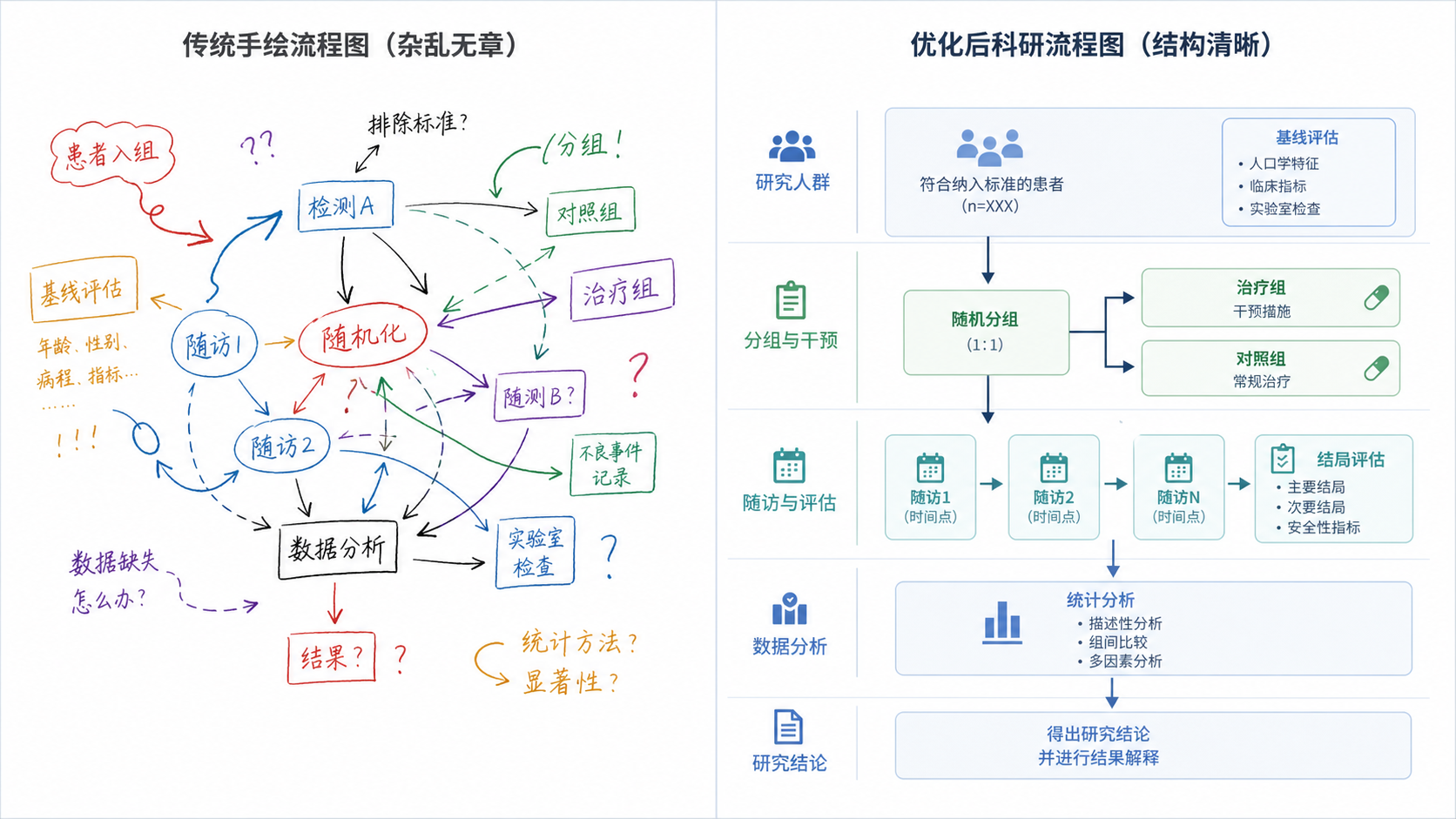 一张论文示意图对比图,左侧为杂乱无章的手绘流程图,右侧为结构清晰、配色统一的SCI级科研示意图,突出“规范”与“专业”的差异。