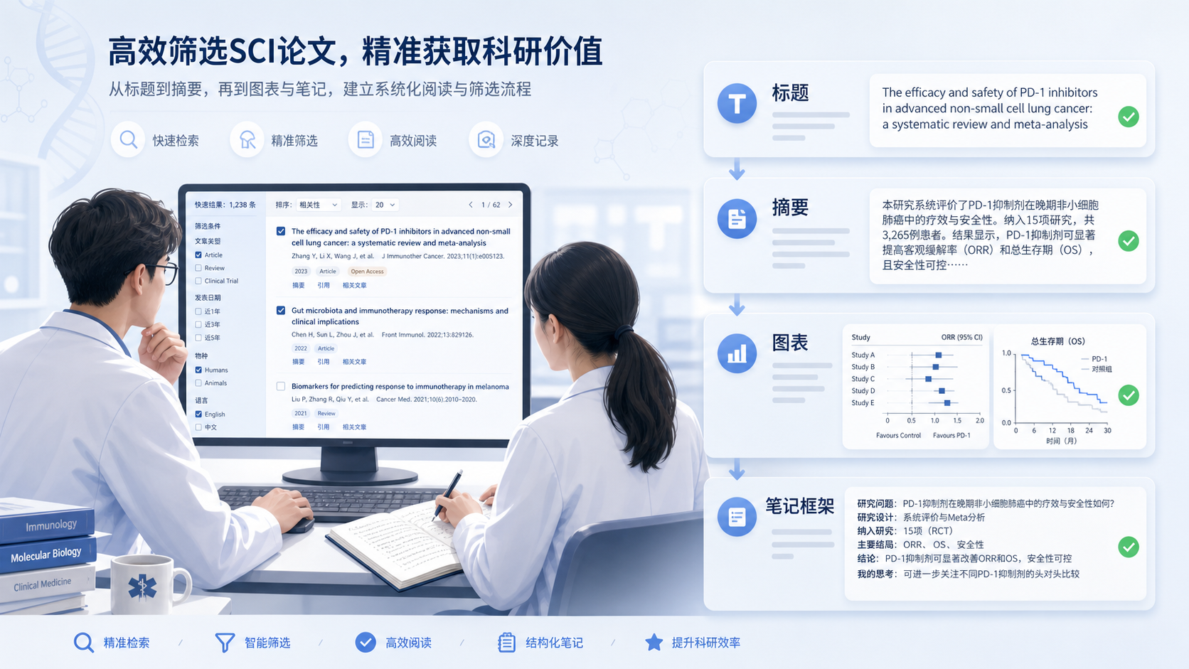 医学生和科研人员在电脑前快速筛选SCI论文，旁边展示标题、摘要、图表和笔记框架的分层阅读示意图