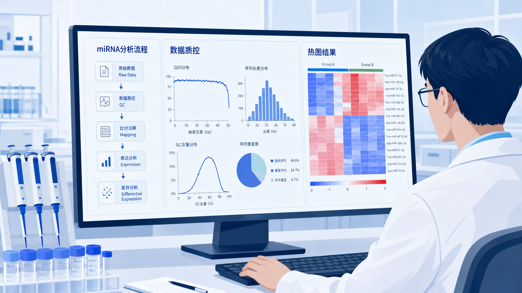 实验室科研人员在电脑前处理小RNA测序数据，屏幕展示miRNA分析流程图和热图结果，整体风格专业简洁