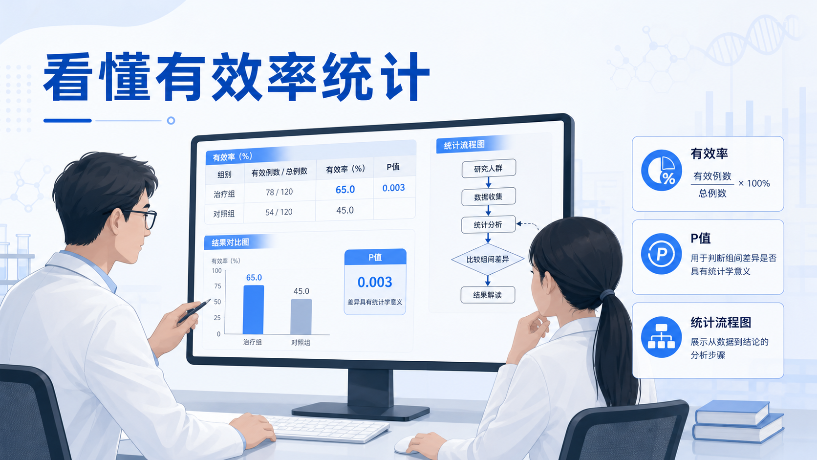 一位临床医生和研究生在电脑前查看研究数据表,旁边展示有效率、P值和统计流程图,突出“看懂有效率统计”的场景